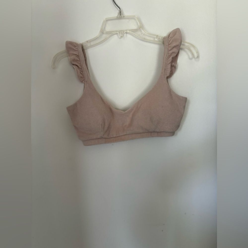 Bar III Cotton Terry Ruffle Strap Crop  Top Size Small Tan